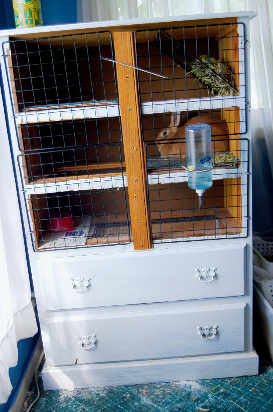 rabbit hutch constructed from old dresser